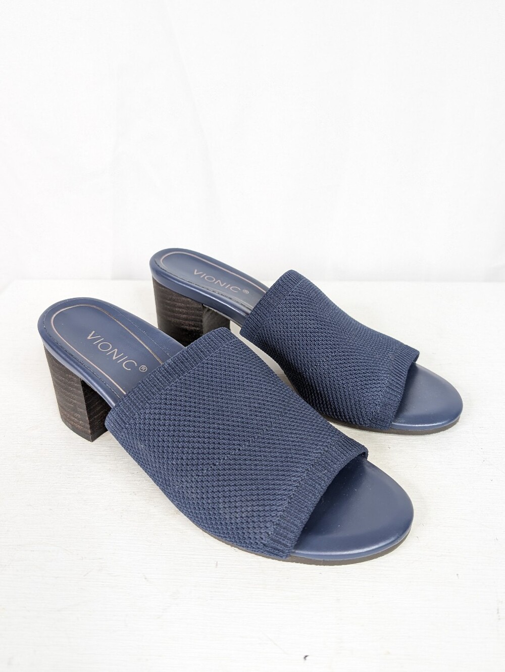 Vionic Fleur Navy Blue Knit Chunky Heeled Slide Mule Sandals - Size 6